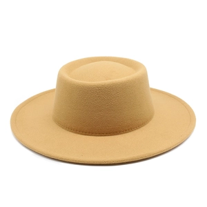 Detail view of the stitching and texture of this camel wool felt flat top fedora hat