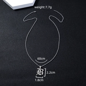 Silver B letter pendant necklace specifications showing 60cm chain and 7.7g weight