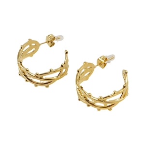 Fashionable C-shaped gold hoop earrings with intertwined vine texture and metal beads