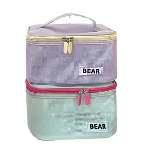 Mesh makeup organizer bags in purple and green with zippers and bear logo labels