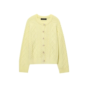 Light yellow cable knit cardigan with round neck and button-down front for women