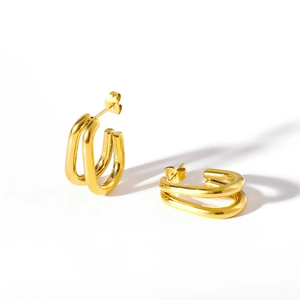 Minimalist double layer C-shaped 18K gold hollow tube earrings in polished stainless steel