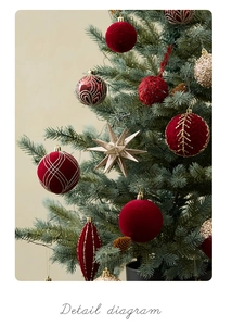 Close-up of red flocked ornaments and gold glitter stars on green Christmas tree branches