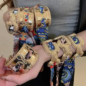 Retro French Bangle Bracelet Alloy Gold Wide Open Cuff With Printed Satin Scarf Wrap Bohemian Geometric Jewelry Women