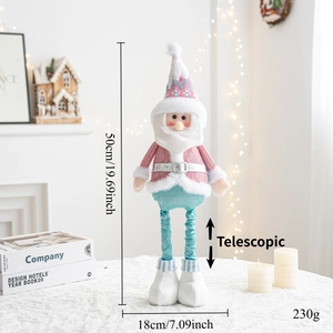 Detail of telescopic legs on pink and blue Santa Claus plush Christmas decoration