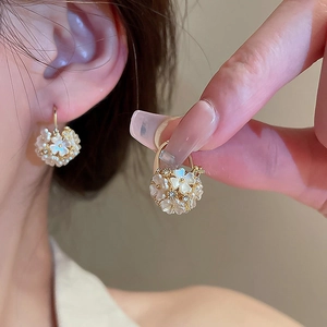 Elegant 18k gold plated flower basket hoop earrings with acrylic petals and crystals