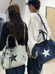 Nylon Crossbody Bag Large Capacity Waterproof Star Print Drawstring Tote With Checkerboard Charm Casual Travel For Women