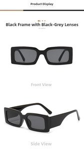 Detail view of rectangular black frame sunglasses with dark grey lenses for men and women