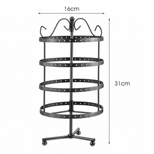 Rotating 4-tier black metal earring display stand with 16x31cm dimensions on white background