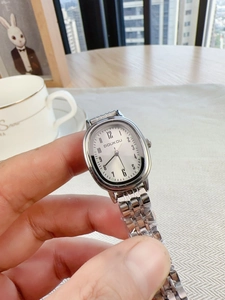 Close-up of a silver oval quartz watch with a metal strap held in a hand