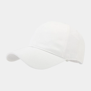 Close-up of a white cotton baseball cap showing twill texture and six-panel stitching