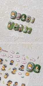 Detailed 3D embossed duck nail stickers with green floral accents and pearl nail art charms