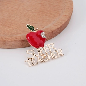 Broche Pomme Super Teacher Alliage De Zinc Doré Émail Strass Épingle Décorative Bijoux Cadeau De Reconnaissance Enseignants