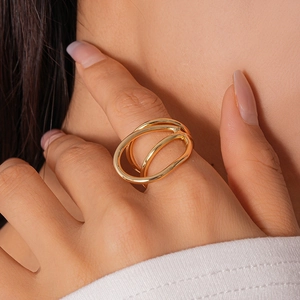 Macro detail of elegant golden multi-layered geometric ring on model finger