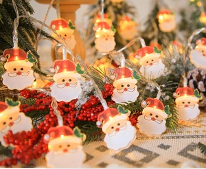 Close-up of Santa Claus LED string lights glowing with warm white light on festive background