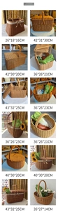 Detailed size comparison chart showing various dimensions of woven picnic storage baskets