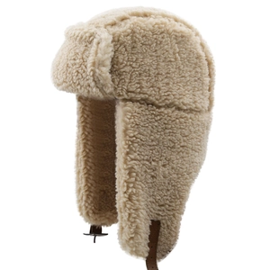 Beige lamb wool aviator hat with thick ear flaps and adjustable strap for winter warmth