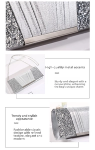 Detail view of silver sequin evening clutch featuring polished metal trim and chain strap