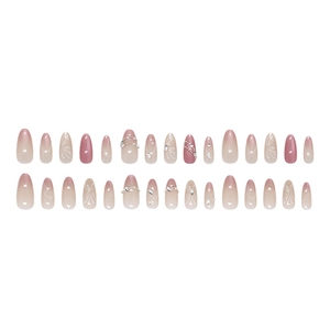 Pink gradient almond press-on nails with 3D cat-eye butterflies and pearls