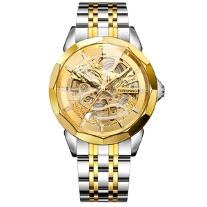 Macro detail of skeleton automatic watch dial with golden mechanical movement and gears