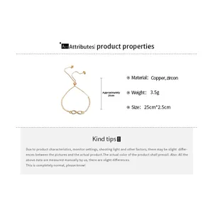 Detail specifications of a golden copper bracelet featuring a zircon infinity symbol