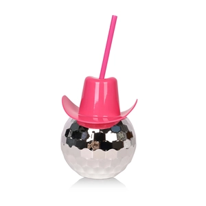Silver disco ball cup with pink cowboy hat lid and pink straw on white background
