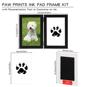 Detailed view of DIY pet paw print memorial kit with dimensions and frame components