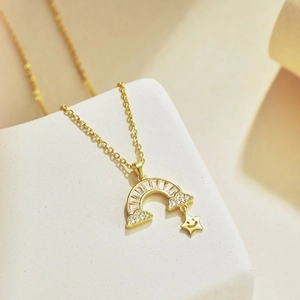 Elegant gold S925 silver necklace with rainbow, cloud and starry smile zircon pendant