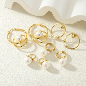 French Vintage Artificial Pearl Hoop Earrings With Micro Pave Zircon Curly Geometric Copper 18K Gold Plated Jewelry For Women