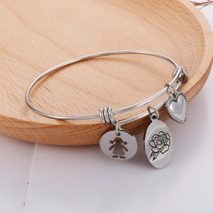 Stainless Steel Adjustable Bangle Bracelet With Heart Flower And Girl Charms Birth Flower Jewelry For Women