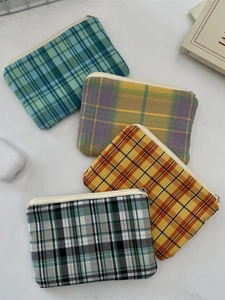 Petit Porte-Monnaie Zippé À Carreaux En Polyester Avec Doublure Toile Pochette De Rangement Cosmétique Portable