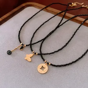 Black Faceted Crystal Beaded Necklace With 18K Gold Plated Copper Butterfly Heart Pendant For Women Vintage Jewelry