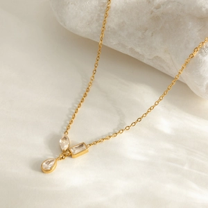 18K gold plated stainless steel necklace with white zircon teardrop pendant for women