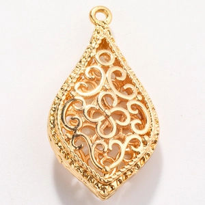 Detail showing intricate hollow filigree patterns on golden teardrop pendant accessories