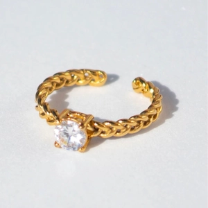 18K gold stainless steel adjustable ring featuring woven band and round zircon inlay