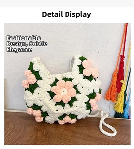 Detailed close-up of handmade crochet bag featuring 3D floral puff stitch and woven strap