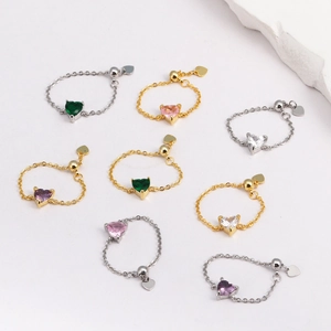 Luxus 18K Gold Vergoldet Messing Herzförmig Zirkonia Verstellbar Kettenring Für Damen Chic Mode Pendeln Fingerschmuck