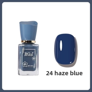 Close-up of 14ml foggy blue nail polish bottle in shade 24 with high gloss color swatch