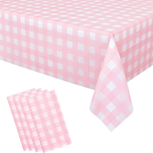Pink and white checkered disposable tablecloth set for birthday party decorations