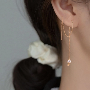 Close-up of rose gold long chain ear threader with heart zircon and fishbone detail