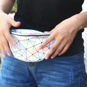 Holographic geometric waist bag with colorful sequins and adjustable black strap