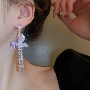 Pink butterfly zircon earrings with long tassels and sparkling drop dangle finish
