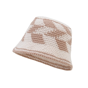 Chic hollow diamond crochet cotton bucket hat in beige and tan patchwork knit