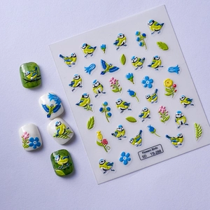 5D embossed bird and flower nail art stickers with relief texture and self-adhesive design