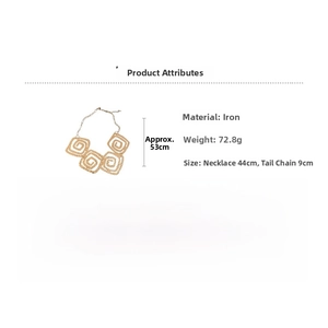 Detailed spec sheet showing gold square spiral necklace with dimensions and iron material info
