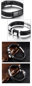 Detailed close-up of men's multilayer braided leather bracelet with stainless steel magnetic clasp