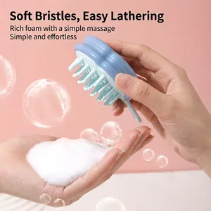 Cartoon silicone scalp massager brush with lanyard and soft bristles in blue