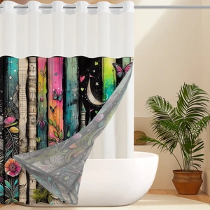 Detail of waterproof shower curtain with artistic butterfly and castle print and metal rings