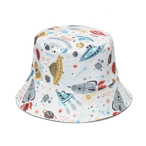 White fisherman sun hat with colorful space galaxy patterns including rockets and planets