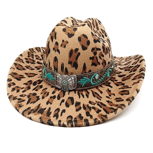 Classic leopard print western cowboy hat with ethnic embroidery and butterfly buckle decor